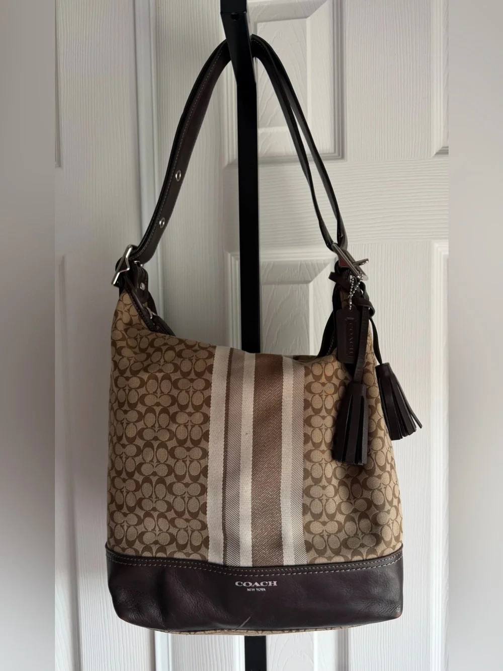 Coach Legacy Brown Beige Hobo Signature C  Leather Trim Bag
